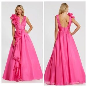 MAC DUGGAL Dark Blue Ruffle Shoulder V-Neck Chiffon Gown Size 2 Hot Pink New.